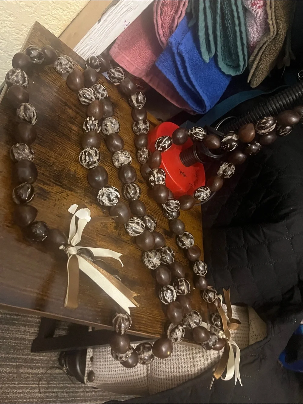 3 Hawaiian Kiki Nut Lei Necklaces dark brown and marbled nuts